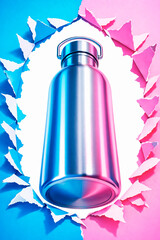 Stainless Steel Water Bottle with Torn Paper Frame on Colorful Background