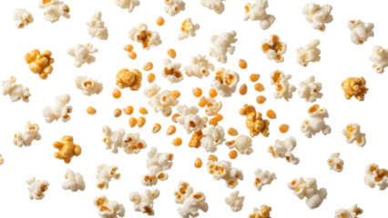 Popcorn kernels and popped popcorn isolated on a transparent background white yellow