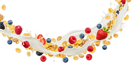 Milk pouring with cereal and mixed berries in mid-air splash isolated on a transparent background strawberries