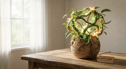 Bioluminescent Living Plant Lamp with Organic Woven Pot in Soft Natural Light