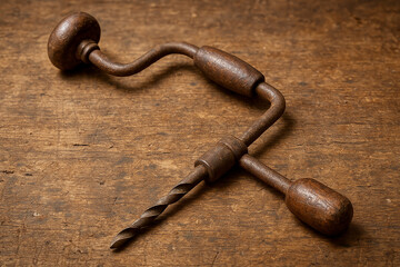 Vintage 19th Century Hand Gimlet and T-Auger Drill with Aged Wooden Handles on Rustic Workbench
