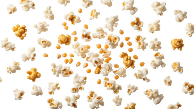 Popcorn kernels and popped popcorn isolated on a transparent background white yellow - Powered by Adobe