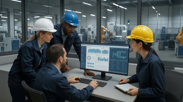 Manufacturing team monitoring operational performance at industrial facility. Employees analyzing production data on computer monitor with robotic systems in background.