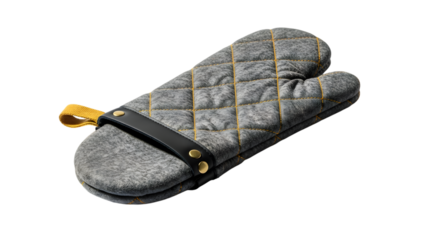 Gray oven mitt with yellow accents isolated on transparent background