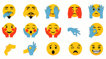 Obraz premium Set of Emoji Faces Expressing Various Emotions and Gestures, Including Laughter, Surprise, and Approval