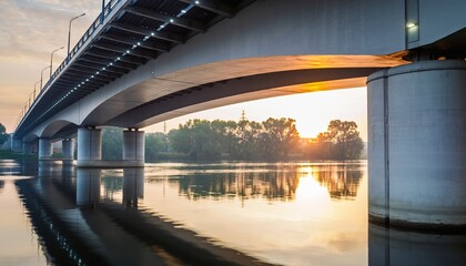Massive concrete girder bridge with round pillars crossing a calm reflective river at dawn, with warm morning sunlight creating a serene and peaceful urban landscape
