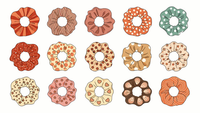 Collection of various colorful scrunchies with different patterns, perfect for fashion accessories, hair ties, retro style, and trendy aesthetics.