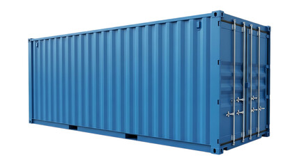 Large blue shipping container with corrugated sides and metal doors isolated on a transparent background