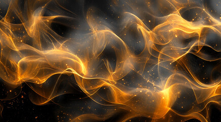 Abstract golden smoke waves swirling against a dark background, creating a mesmerizing visual effect that evokes a sense of mystery and elegance in design projects