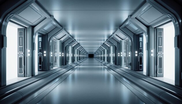 Futuristic metallic spaceship corridor with glowing doors and a long, reflective floor leading to a dark vanishing point in a symmetrical one-point perspective view