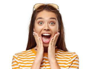 Shocked young woman looking at camera with open mouth and hands on face in total surprise