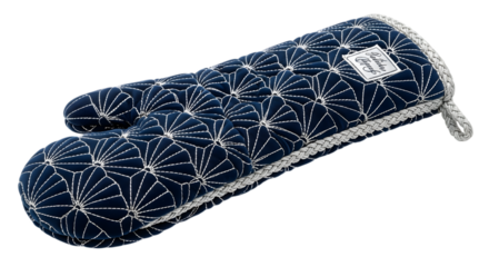 Navy blue quilted oven mitt isolated on transparent background with geometric pattern