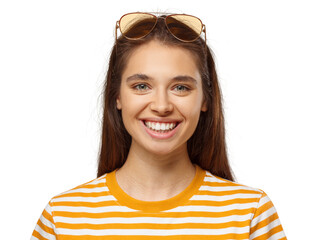 Close up portrait of a beautiful smiling young woman wearing orange sunglasses and striped shirt