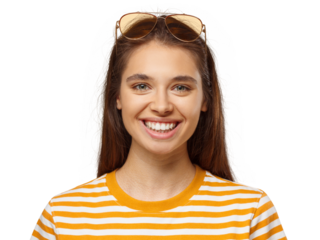 Close up portrait of a beautiful smiling young woman wearing orange sunglasses and striped shirt