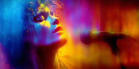 Singer Performing on Stage with Colorful Lighting and Dramatic Background