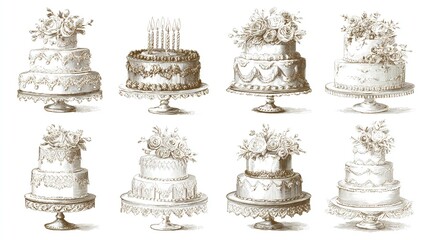 Elegant Vintage Cakes Sepia Illustration Set
