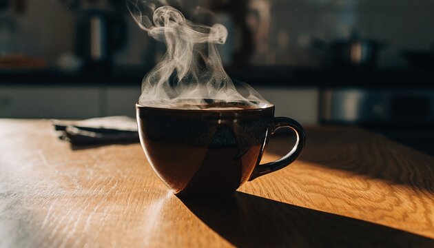 Hot steaming brown ceramic coffee mug sits on a wooden table, illuminated by warm morning sunlight that highlights the vapor and casts a long shadow - Powered by Adobe