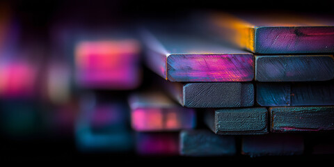 Abstract Stacked Rectangles with Neon Lighting and Glitter Effect in Deep Purple Blue and Pink