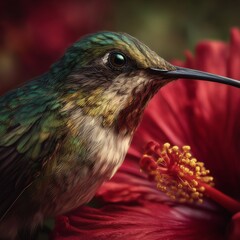Hummingbird and hibiscus red flower, nature illustration
