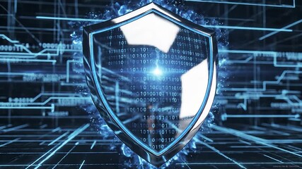 Dynamic digital shield icon representing robust cybersecurity and data protection glowing with blue light against an intricate abstract network background with binary code symbolizing advanced intern. - Powered by Adobe