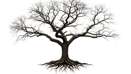Tree with white leaves and roots on black isolated on a transparent background