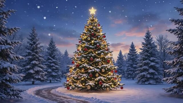 A beautifully decorated evergreen tree stands majestically in a serene, snow-covered winter landscape at twilight. Illuminated by twinkling string lights and adorned with vibrant red and gold ornament