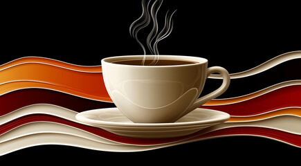Coffee cup with steam sits on a saucer, surrounded by flowing abstract waves in warm tones, creating a cozy atmosphere for beverage enjoyment and relaxation