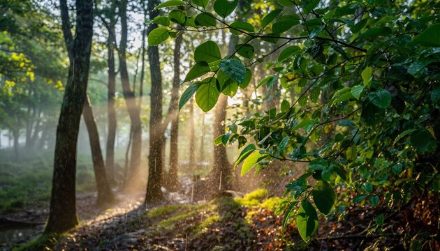 Lush green leaves on a tree branch covered in raindrops during a sun shower with golden sunbeams filtering through the misty, tranquil forest in the background