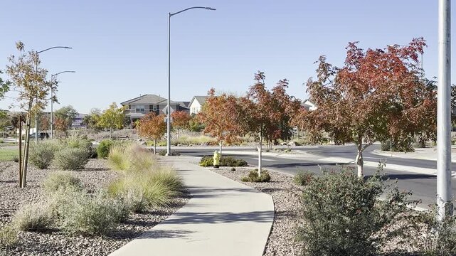 Autumn Park in Henderson, Nevada: Colorful Foliage, Road, and Mountain View