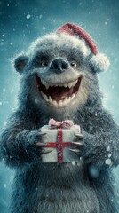 Cheerful cub with santa hat embraces the holiday spirit. Epic poster. A cute bear cub with santa hat and gift box in christmas card style. Poster design. Thriller poster.