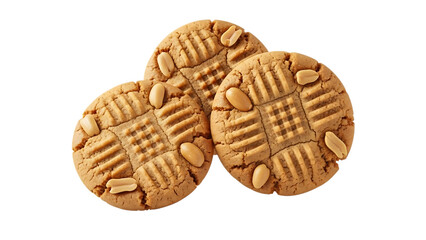 Two Peanut Butter Cookies with Crisscross Pattern and Peanut Pieces Isolated on a Transparent Background