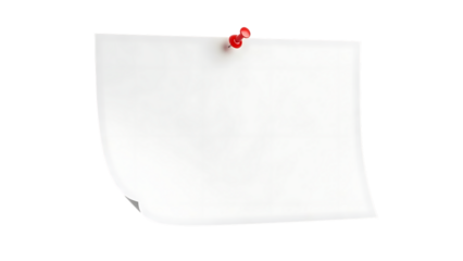 A single red pushpin attached to a blank white paper note isolated on a transparent background