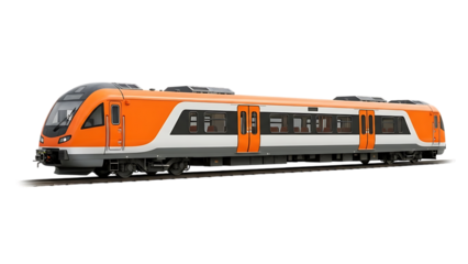 Orange and white passenger train with large windows and doors on railway tracks isolated on a transparent background