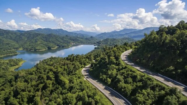A breathtaking aerial perspective captures a dramatically winding road as it carves through a verdant, mountainous landscape. Lush green forests blanket the rolling hills, descending gracefully to mee