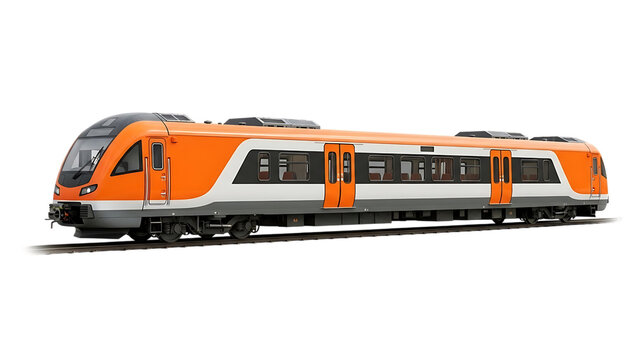 Orange and white passenger train with large windows and doors on railway tracks isolated on a transparent background - Powered by Adobe