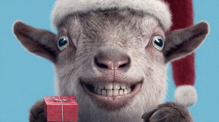 Cheerful christmas greetings from a whimsical baby goat. Artistic distortion. Cute baby goat with santa hat and gift box in snowy winter wonderland. Oddly captivating. Edgy editorial.