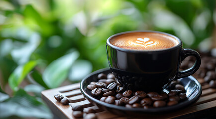 Black coffee cup with latte art sits on wooden tray surrounded by roasted coffee beans and lush green foliage, creating a cozy and inviting atmosphere for coffee lovers