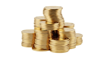 Stacks of golden coins arranged in a pyramid shape with a isolated on a transparent background gold coins