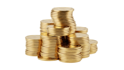 Stacks of golden coins arranged in a pyramid shape with a isolated on a transparent background gold coins