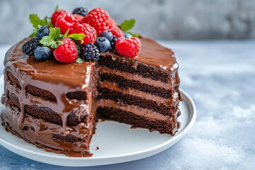 Delicious chocolate cake with vibrant berries on a plate