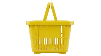 Yellow plastic shopping basket with handle isolated on a transparent background empty
