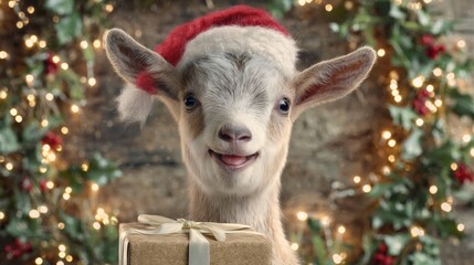 Cheerful christmas greetings from a whimsical baby goat. Sharp image. Festive baby goat with santa hat and holiday decorations all around. Strong contrast. Minimal design.