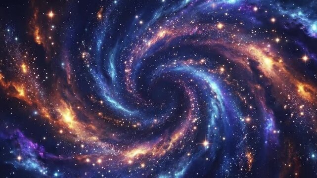 A breathtaking animated view of a vibrant spiral galaxy, presenting a mesmerizing cosmic journey through the depths of space. Luminous stars twinkle against a backdrop of swirling nebulous clouds, pai