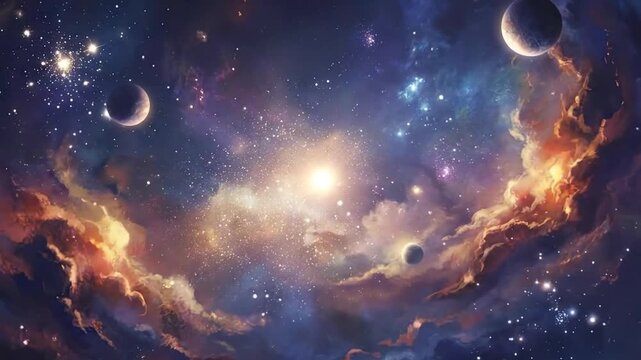 A breathtaking animation depicting a vibrant and fantastical nebula, showcasing distant cosmic planets and sparkling starfields. This mesmerizing abstract background features swirling interstellar dus