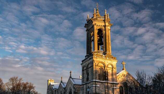 Majestic stone church bell tower covered in fresh winter snow is beautifully illuminated by warm golden hour light against a dramatic cloudy blue sky