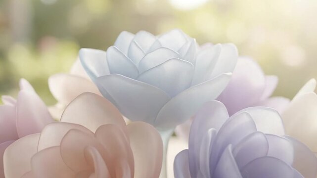 A breathtaking close-up shot showcases a collection of delicate, translucent artificial flowers bathed in soft, ethereal light. The petals, rendered in serene pastel shades of frosted blue, gentle pin