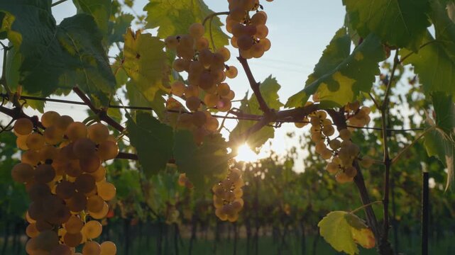 Ripe yellow grapes before harvesting in the vineyard in the evening sunlight