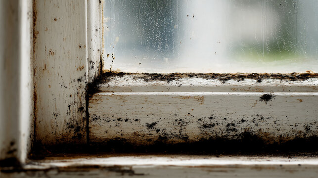 A close-up of a window frame showing mold and dirt buildup, highlighting neglect and moisture issues.
