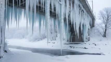 Icicles hanging from a snowy bridge over frozen river. Winter landscape with icy formations, bare trees, and cold wilderness scene
