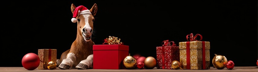 Charming foal packs joy into a tiny gift box this christmas. Designer fashion. Realistic smiling horse baby with santa hat and christmas gift box. Stylish concept. Sophisticated pose.